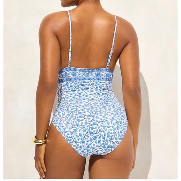 J Crew Ruched Plunge One Piece Swim Suit 8 NWT  Blue Banana Paisley CJ849 J.Crew - Picture 3 of 6
